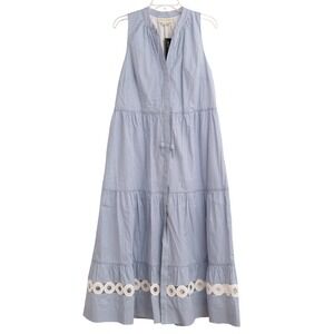 Sachin & Babi Maxi Dress Sz L Blue White Pinstripe Eyelet Lace Hem Nautical Boho